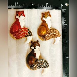 3PC Vintage Style Fox Brooch Pin Enamel & Rhinestone Crystal Tail Animal Jewelry